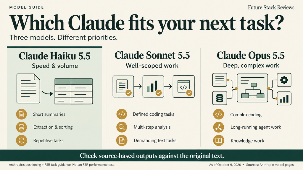 Infographic: which Claude fits your next task, based on Anthropic's positioning and FSR's task guidance. Claude Haiku 5.5, speed and volume: short summaries, extraction and sorting, repetitive tasks. Claude Sonnet 5.5, well-scoped work: defined coding tasks, multi-step analysis, demanding text tasks. Claude Opus 5.5, deep, complex work: complex coding, long-running agent work, knowledge work. Banner: check source-based outputs against the original text. Not an FSR performance test. As of October 9, 2026.